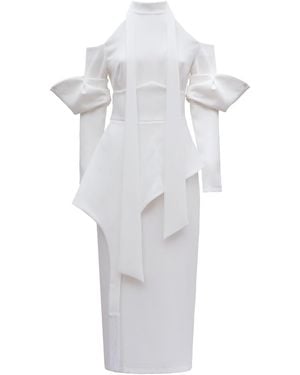 Julia Allert Fashion Cold-Shoulder Midi Dress With Asymmetrical Belt - White