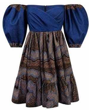 Ohema Ohene Michaela Ladies Denim African Print Off-Shoulder Dress - Blue