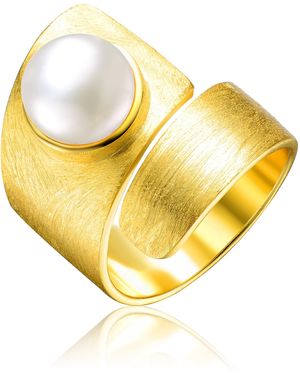 Genevive Jewelry Sterling Plated With Genuine Freshwater Pearl Modern Bypass Ring - Yellow