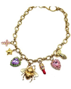 Achala Handcrafted Bee & Crystal Hearts Charm Necklace - Metallic