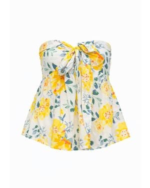House of Gl Florea Cotton Front-Tie Smocked Back Tube Top - Yellow