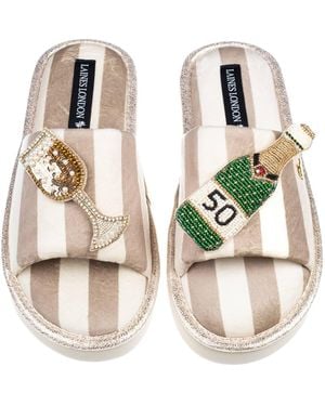 Laines London Neutrals Flatform Stripe Open Toe Slippers With Champagne 50Th Birthday Brooches - White