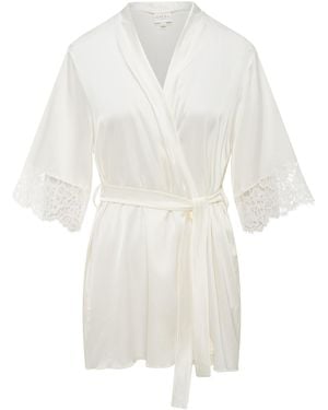 SAETA Paris Neutrals Satin Silk & Cotton Lace Kimono Robe - White