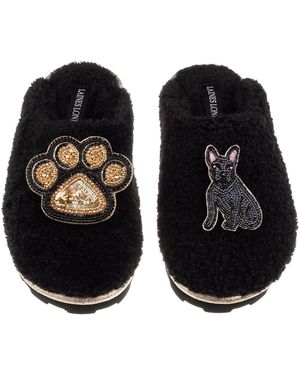 Laines London Teddy Closed Toe Slippers With Paw & Sitting French Bulldog Brooches - Black