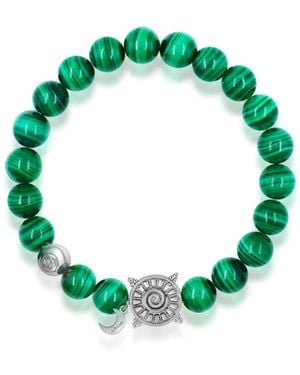 Aurozia Three Charms Solar Meridian Whitegold Plated Sundial And The Sun Coin Malachite Beaded Bracelet - Green
