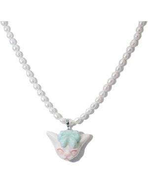 H2 Studio Angry Puss Mint Bow Tie Freshwater Pearl Necklace - Metallic