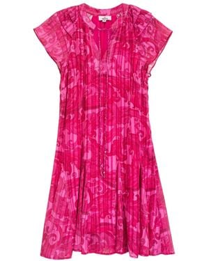 Niza Printed Midi Dress With V-Neck And Short Sleeves - Pink