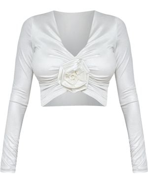 Cliché Reborn V-Neck Rose Appliqué Top - White