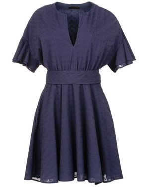 Conquista Dark Embroidered Dress With Ruffle Sleeves - Blue
