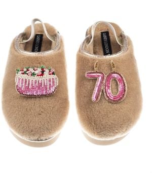 Laines London Neutrals Flatform Cloud Closed Toe Slippers With 70Th Birthday & Cake Brooches - Brown
