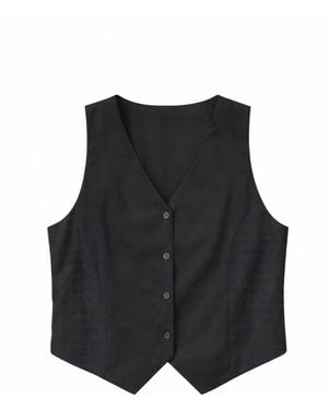House of Gl Sage Cotton Check Tailored Vest Top With V-Neck And Button Front - Black