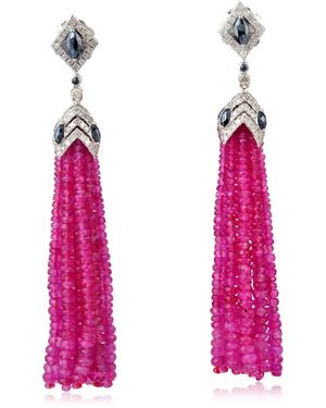 Artisan Beaded Ruby, Spinel & Diamond Tassel Earrings - Pink