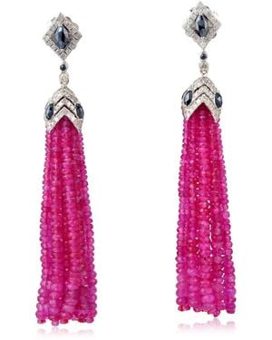 Artisan Beaded Ruby, Spinel & Diamond Tassel Earrings - Pink