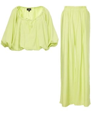 BLUZAT Neon Linen Matching Set With Flowy Blouse And Wide Leg Pants - Yellow