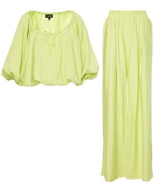 BLUZAT Neon Linen Matching Set With Flowy Blouse And Wide Leg Pants - Yellow