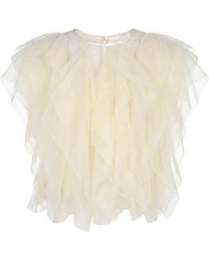 Modenaire Sheer Tulle Blouse Featuring Cascading Ruffles - Natural