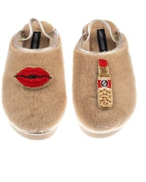 Laines London Neutrals Flatform Cloud Closed Toe Slippers With Lips & Lipstick Brooches - Brown