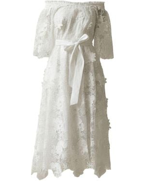 IZABELA MANDOIU Midi Dress With Off-Shoulder And Floral Appliqués - Natural
