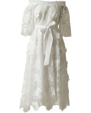 IZABELA MANDOIU Midi Dress With Off-Shoulder And Floral Appliqués - Natural