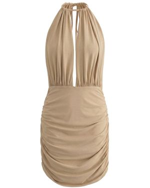 Aisl Champagne Void Ruched Halter Mini Dress - Natural