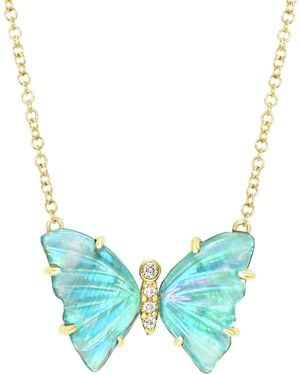 KAMARIA Aqua Moonstone Butterfly Necklace With Diamonds & Prongs - Blue