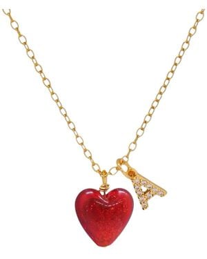 VALERIE CHIC Initial Letter Ruby Sparkle Heart Necklace - White
