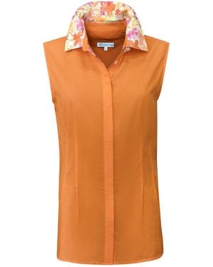 Perlavera Cathy Solid Soft Cotton Sleeveless Shirt With Printed Details - Orange