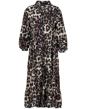 Conquista Animal Print Tiered Dress With Button Detail - Black