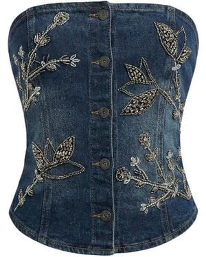 OW Collection Nova Embellished Denim Top - Blue