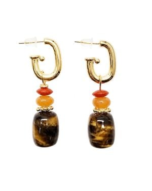 Farra Tiger-Eye Stone With Aventurine Coral Hoop Earrings - Metallic