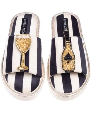 Laines London Flatform Stripe Open Toe Slippers With Ace Of Champagne Brooches - Blue
