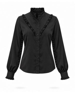 Carloslines Ruffle Stand Collar Long Sleeve Shirt - Black