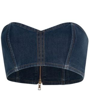 Circular Path Strapless Denim Crop Top - Blue