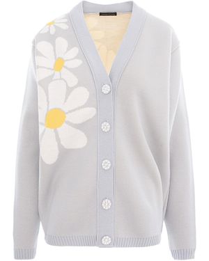 concept A trois Cardigan With Daisies, V Neckline, Knitted And Daisies Buttons - White