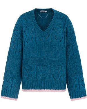 Cara & The Sky Zoe Pointelle V Neck Wide Sleeve Jumper - Blue