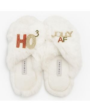 Yomisma Eco Faux Fur Slippers – Jolly Af + Ho³ Rhinestone Brooches - Blue