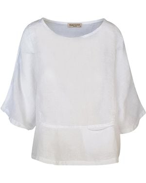 Haris Cotton Round Neck Linen Blouse With Batwing Sleeve - White