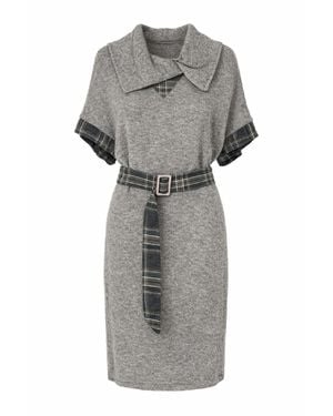 Conquista Belted Knit Dress With Plaid Accents & Soft Collar - Grey