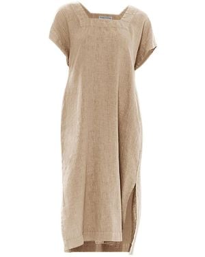 Haris Cotton Neutrals Smock Linen Dress With Split Hem Beach Sand - Natural