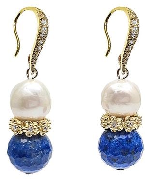 Farra Royal Lapis & Pearl Floral Dangle Earrings - Blue