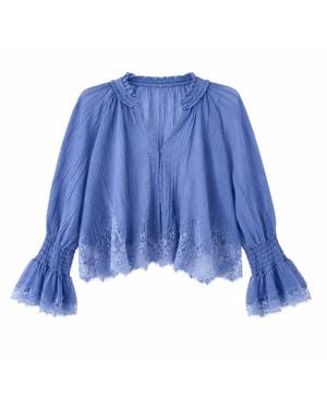 IZABELA MANDOIU Elegant Periwinkle Bohemian Blouse With Delicate Lace Embroidery And Romantic Bell Sleeves - Blue