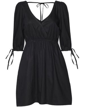 REISTOR Gathered Elbow Sleeve Short Cotton Dress - Black