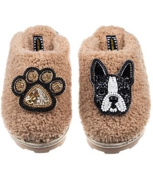 Laines London Towelling Closed Toe Slippers With Buddy Boston Terrier & Paw Brooches - Brown