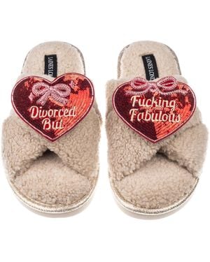 Laines London Neutrals Laines Neutral Boucle Slippers With Divorced But Fucking Fabulous Brooches - Pink