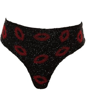 Self-Adore Kiss Hand-Beaded Embellished High-Waisted Bikini Bottom - Black