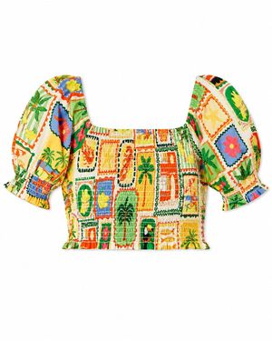 Yumi' Multicolor Cropped Shirred Cotton Postcard Print Top - Yellow