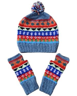 Springmoonatelier Handcrafted Wool Hat And Fingerless Gloves - Blue