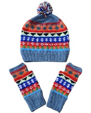 Springmoonatelier Handcrafted Wool Hat And Fingerless Gloves - Blue