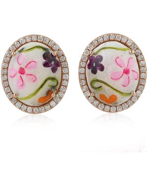 Artisan Rose Mother Of Pearl, Enamel & Diamond Flower Earrings - Pink