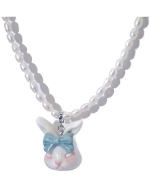 H2 Studio Grumpy Bunny Jade Freshwater Pearl Choker Necklace - Metallic